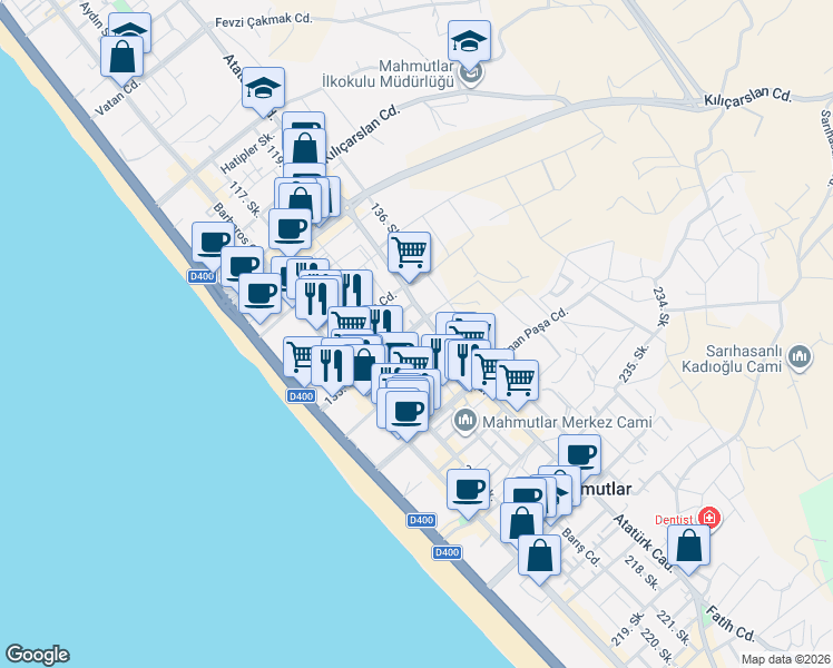 map of restaurants, bars, coffee shops, grocery stores, and more near 24 135. Caddesi in Alanya