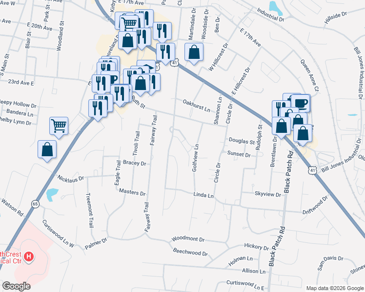 map of restaurants, bars, coffee shops, grocery stores, and more near 1020 Berra Drive in Springfield