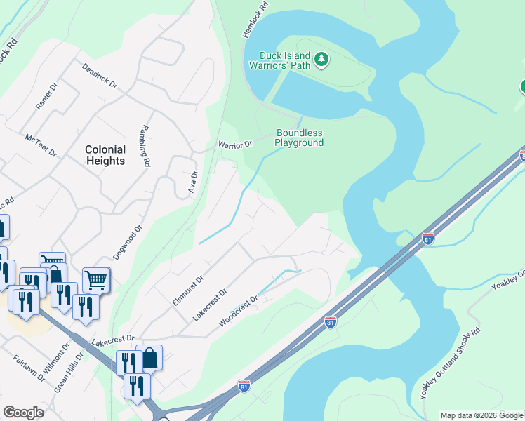 map of restaurants, bars, coffee shops, grocery stores, and more near 420 Elmhurst Drive in Kingsport