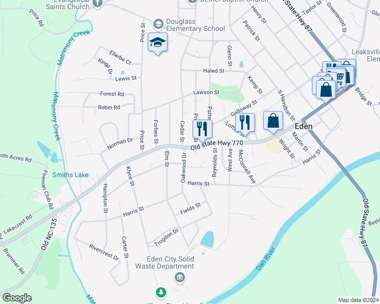 map of restaurants, bars, coffee shops, grocery stores, and more near 1020 Washington Street in Eden