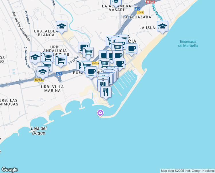 map of restaurants, bars, coffee shops, grocery stores, and more near Calle Ribera in Marbella