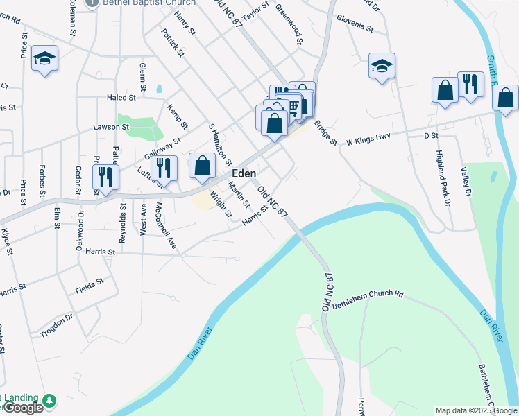 map of restaurants, bars, coffee shops, grocery stores, and more near 806 Martin Street in Eden