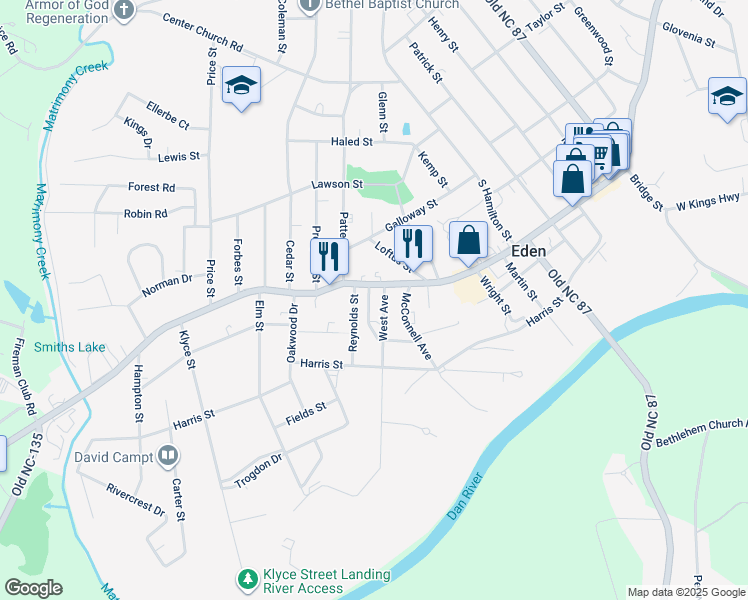 map of restaurants, bars, coffee shops, grocery stores, and more near 706 Westwood Drive in Eden