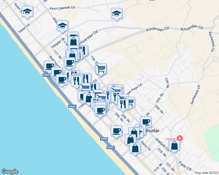 map of restaurants, bars, coffee shops, grocery stores, and more near No: 113/B Atatürk Caddesi in Alanya