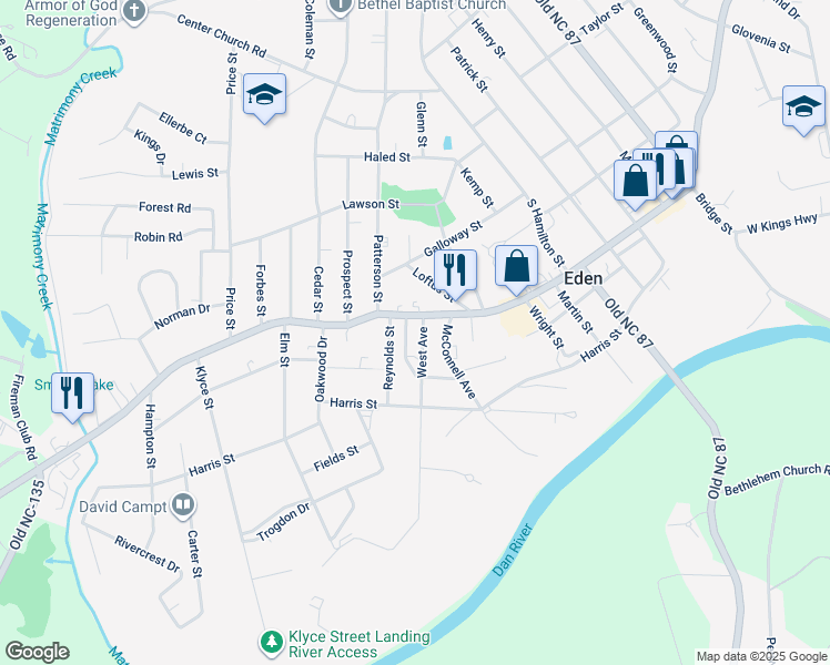 map of restaurants, bars, coffee shops, grocery stores, and more near 706 Westwood Drive in Eden