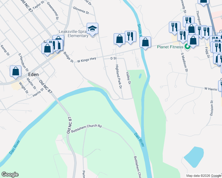 map of restaurants, bars, coffee shops, grocery stores, and more near 647 Highland Park Drive in Eden
