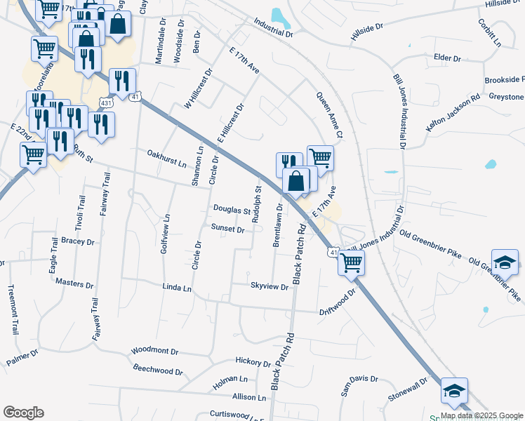 map of restaurants, bars, coffee shops, grocery stores, and more near 5074 Rudolph Street in Springfield