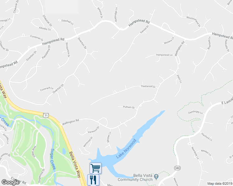 map of restaurants, bars, coffee shops, grocery stores, and more near 29 Fleetwood Drive in Bella Vista