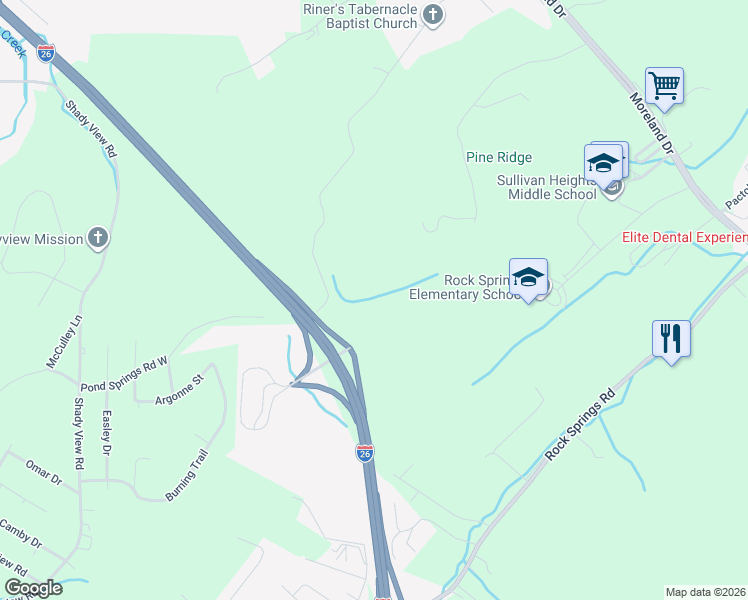 map of restaurants, bars, coffee shops, grocery stores, and more near 521 Pond Springs Road in Kingsport