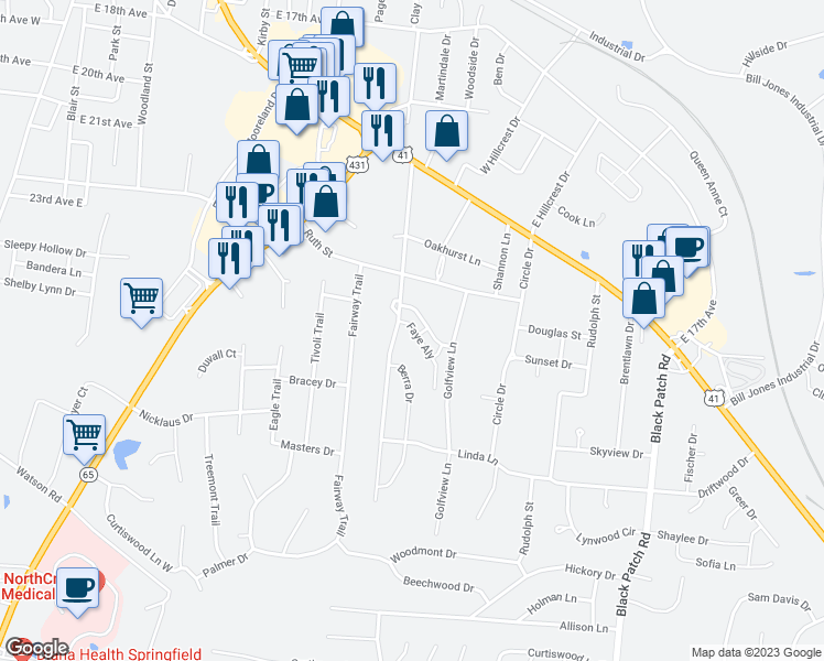 map of restaurants, bars, coffee shops, grocery stores, and more near 543 Faye Alley in Springfield