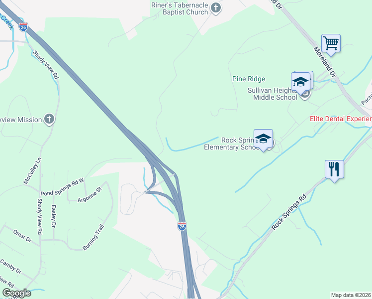 map of restaurants, bars, coffee shops, grocery stores, and more near 521 Pond Springs Road in Kingsport