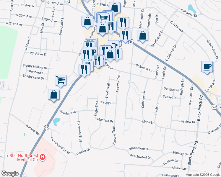map of restaurants, bars, coffee shops, grocery stores, and more near 305 Fairway Trail in Springfield