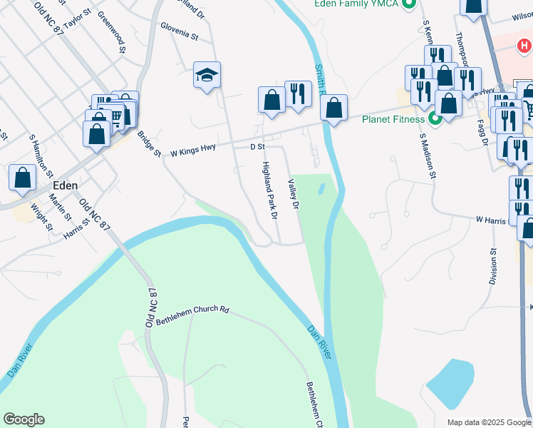 map of restaurants, bars, coffee shops, grocery stores, and more near 647 Highland Park Drive in Eden
