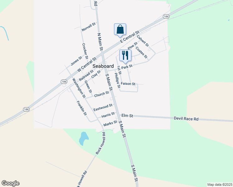 map of restaurants, bars, coffee shops, grocery stores, and more near 402 Phillips Street in Seaboard