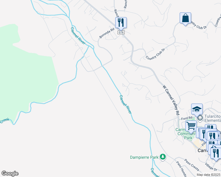 map of restaurants, bars, coffee shops, grocery stores, and more near 41 East Garzas Road in Carmel Valley
