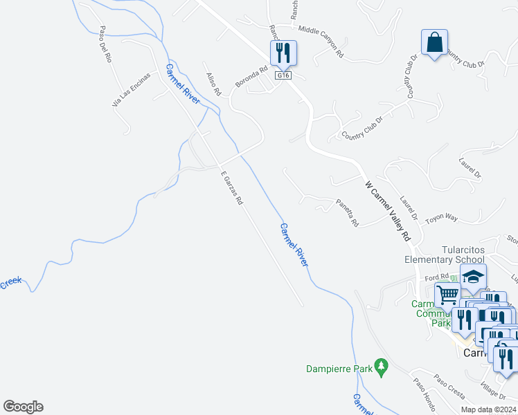map of restaurants, bars, coffee shops, grocery stores, and more near 41 East Garzas Road in Carmel Valley