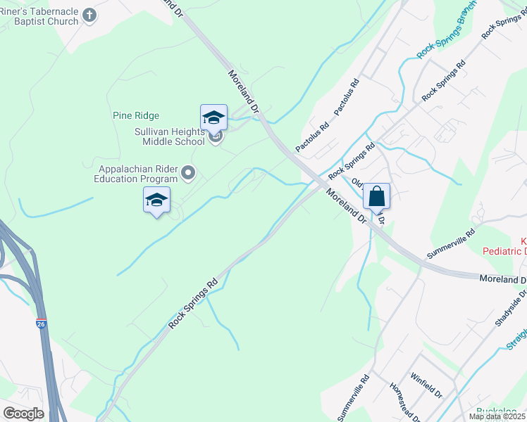 map of restaurants, bars, coffee shops, grocery stores, and more near 640 Rock Springs Road in Kingsport