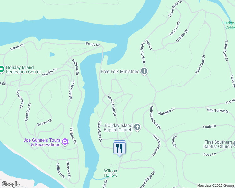 map of restaurants, bars, coffee shops, grocery stores, and more near 86 Hillside Drive in Holiday Island