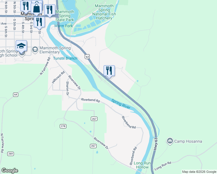 map of restaurants, bars, coffee shops, grocery stores, and more near 95 Spring Lake Drive in Mammoth Spring