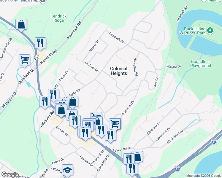 map of restaurants, bars, coffee shops, grocery stores, and more near 439 Forest Hills Drive in Kingsport