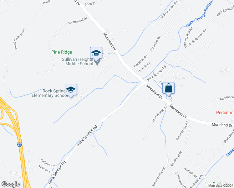 map of restaurants, bars, coffee shops, grocery stores, and more near 640 Rock Springs Road in Kingsport