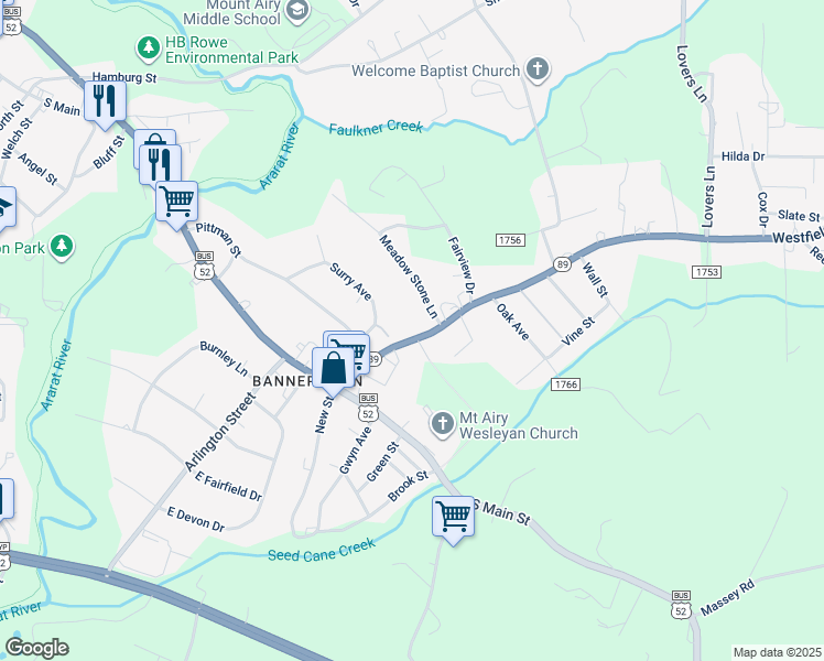 map of restaurants, bars, coffee shops, grocery stores, and more near 1853 Westfield Road in Mount Airy