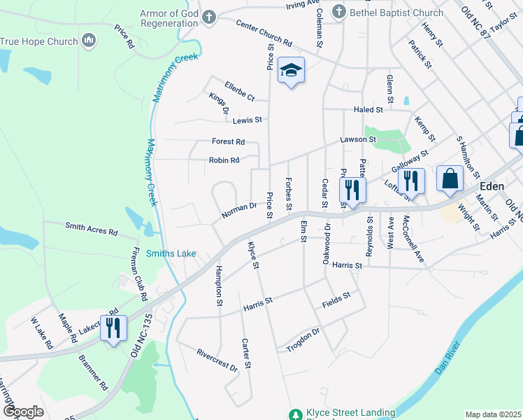 map of restaurants, bars, coffee shops, grocery stores, and more near 1200 Norman Drive in Eden