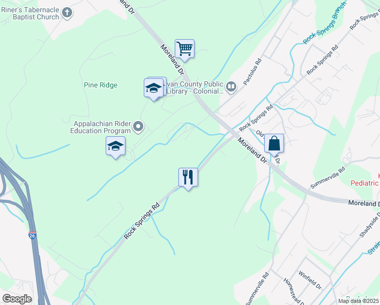 map of restaurants, bars, coffee shops, grocery stores, and more near 640 Rock Springs Road in Kingsport
