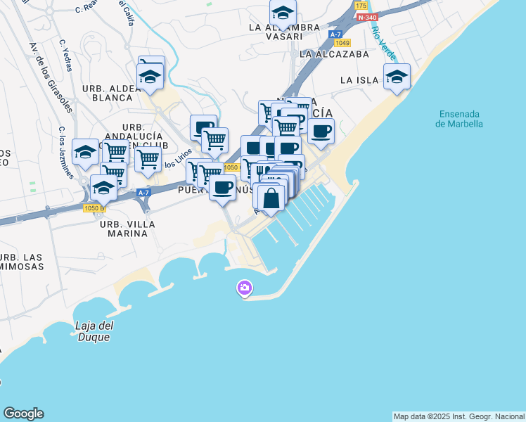 map of restaurants, bars, coffee shops, grocery stores, and more near 12 Avenida Julio Iglesias in Marbella