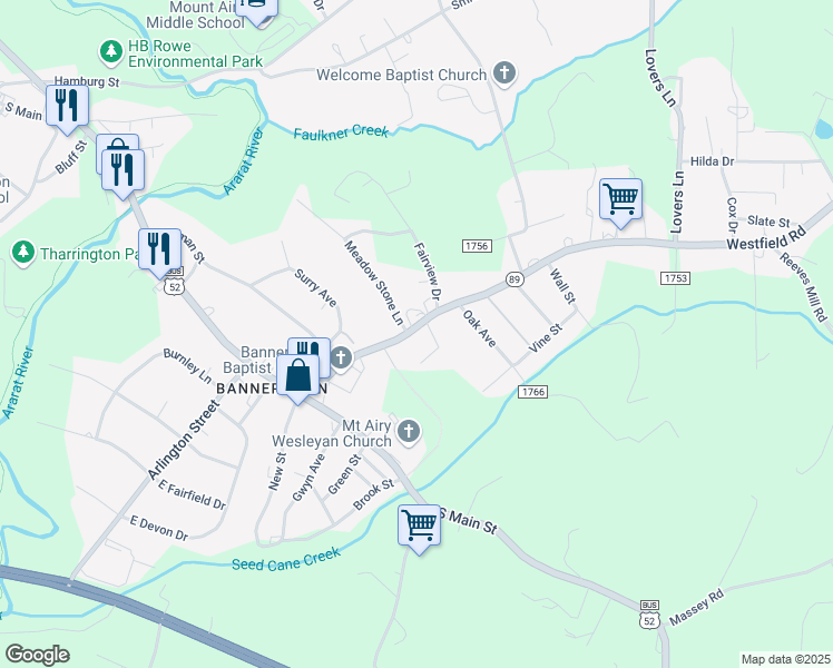 map of restaurants, bars, coffee shops, grocery stores, and more near 1890 Westfield Road in Mount Airy