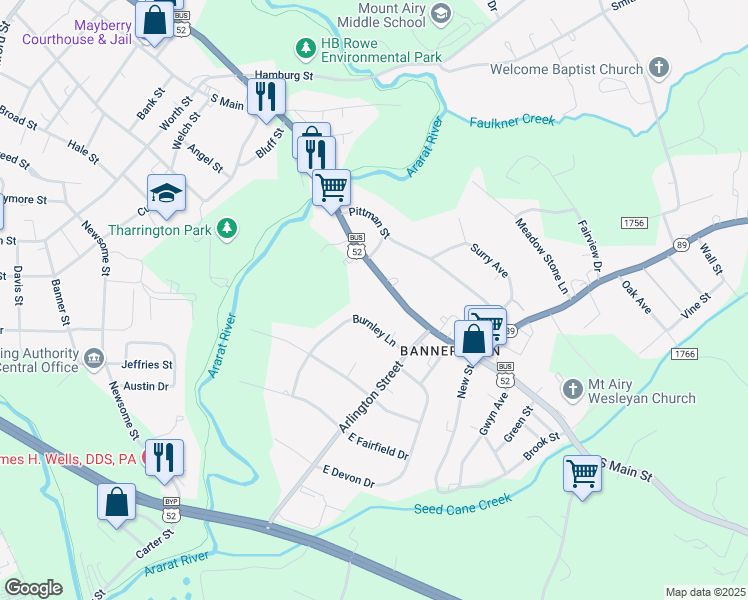 map of restaurants, bars, coffee shops, grocery stores, and more near 1614 South Main Street in Mount Airy
