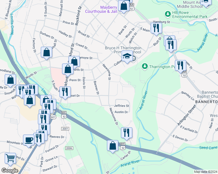 map of restaurants, bars, coffee shops, grocery stores, and more near 964 Newsome Street in Mount Airy