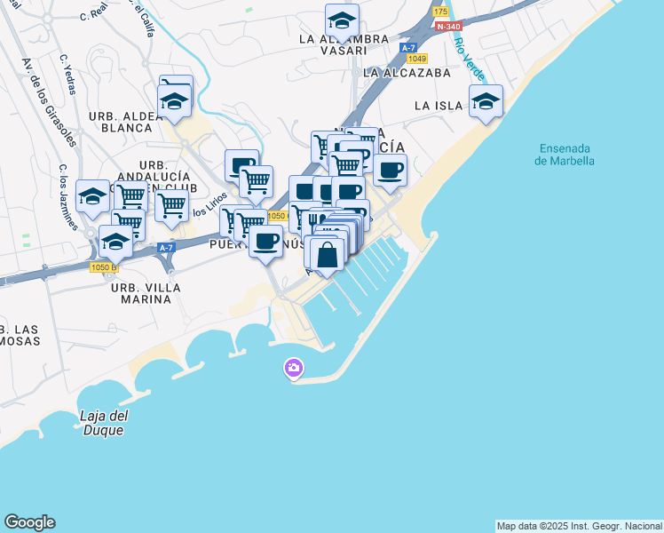 map of restaurants, bars, coffee shops, grocery stores, and more near 2H Calle Ribera in Marbella