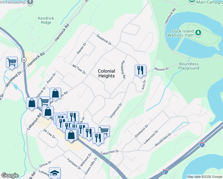 map of restaurants, bars, coffee shops, grocery stores, and more near 140 Mahlon Drive in Kingsport