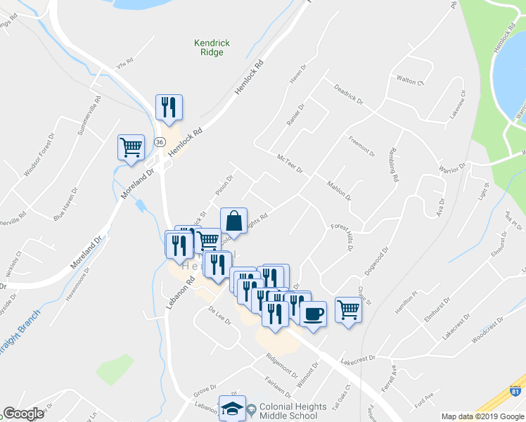 map of restaurants, bars, coffee shops, grocery stores, and more near 224 Colonial Heights Road in Kingsport