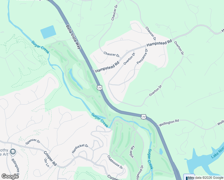 map of restaurants, bars, coffee shops, grocery stores, and more near 43 Overton Drive in Bella Vista