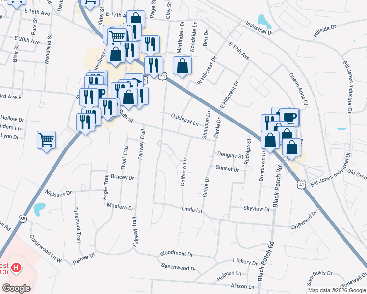 map of restaurants, bars, coffee shops, grocery stores, and more near 307 Golfview Ln in Springfield