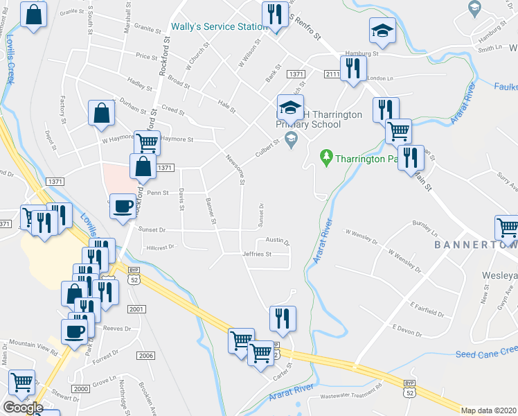 map of restaurants, bars, coffee shops, grocery stores, and more near 302 Sunset Drive in Mount Airy