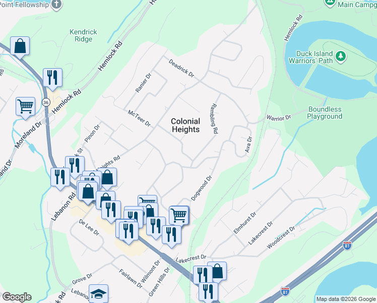 map of restaurants, bars, coffee shops, grocery stores, and more near 140 Mahlon Drive in Kingsport