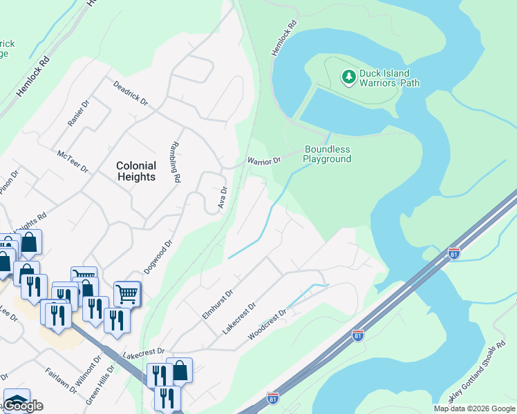 map of restaurants, bars, coffee shops, grocery stores, and more near 432 Light Street in Kingsport