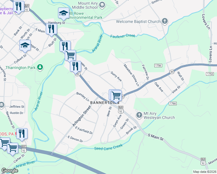 map of restaurants, bars, coffee shops, grocery stores, and more near 1724 Pittman Street in Mount Airy