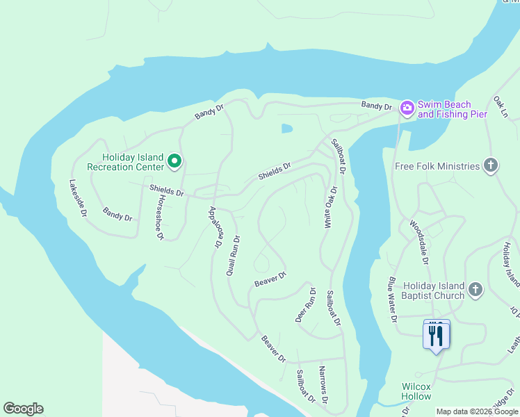 map of restaurants, bars, coffee shops, grocery stores, and more near 84 Beaver Drive in Holiday Island