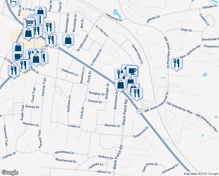 map of restaurants, bars, coffee shops, grocery stores, and more near 5074 Rudolph Street in Springfield