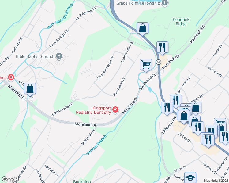 map of restaurants, bars, coffee shops, grocery stores, and more near 408 Blue Haven Drive in Kingsport