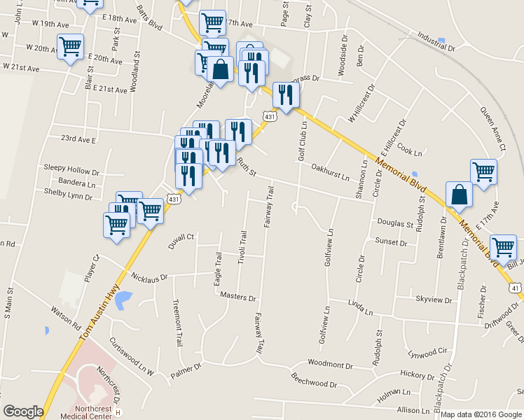 map of restaurants, bars, coffee shops, grocery stores, and more near 305 Fairway Trail in Springfield