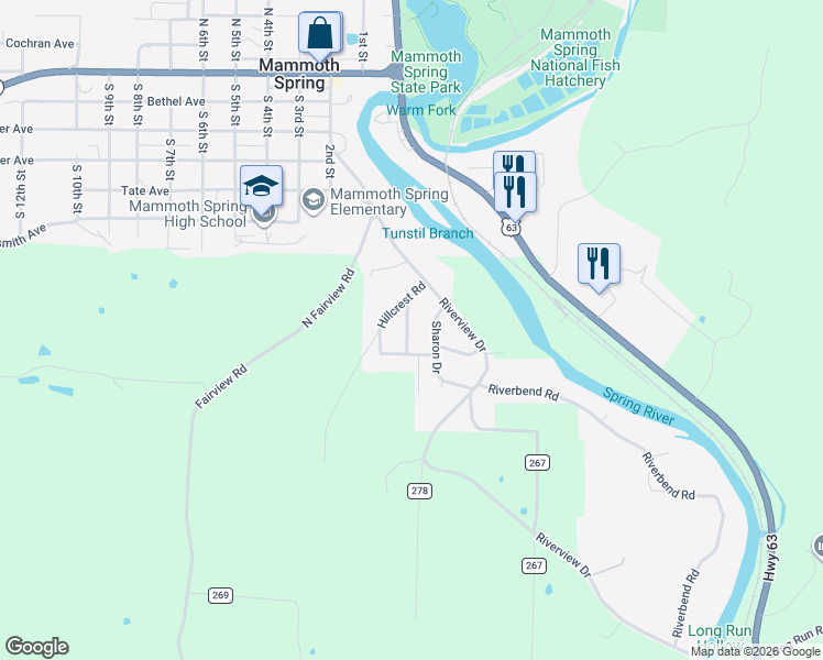 map of restaurants, bars, coffee shops, grocery stores, and more near 66 Peggy Avenue in Mammoth Spring