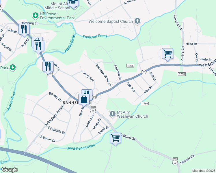 map of restaurants, bars, coffee shops, grocery stores, and more near 1853 Westfield Road in Mount Airy
