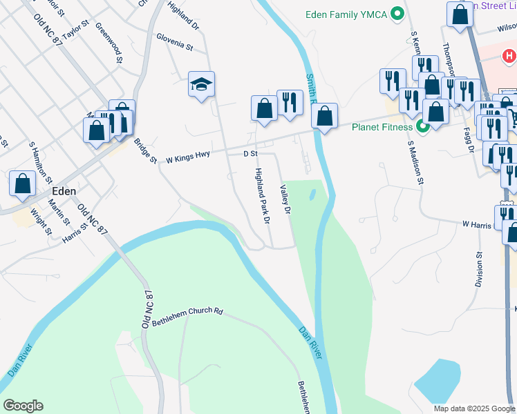 map of restaurants, bars, coffee shops, grocery stores, and more near 647 Highland Park Drive in Eden