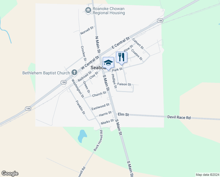 map of restaurants, bars, coffee shops, grocery stores, and more near 312 South Main Street in Seaboard