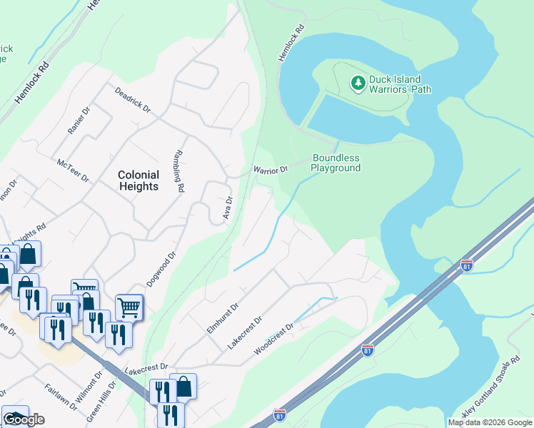 map of restaurants, bars, coffee shops, grocery stores, and more near 432 Light Street in Kingsport